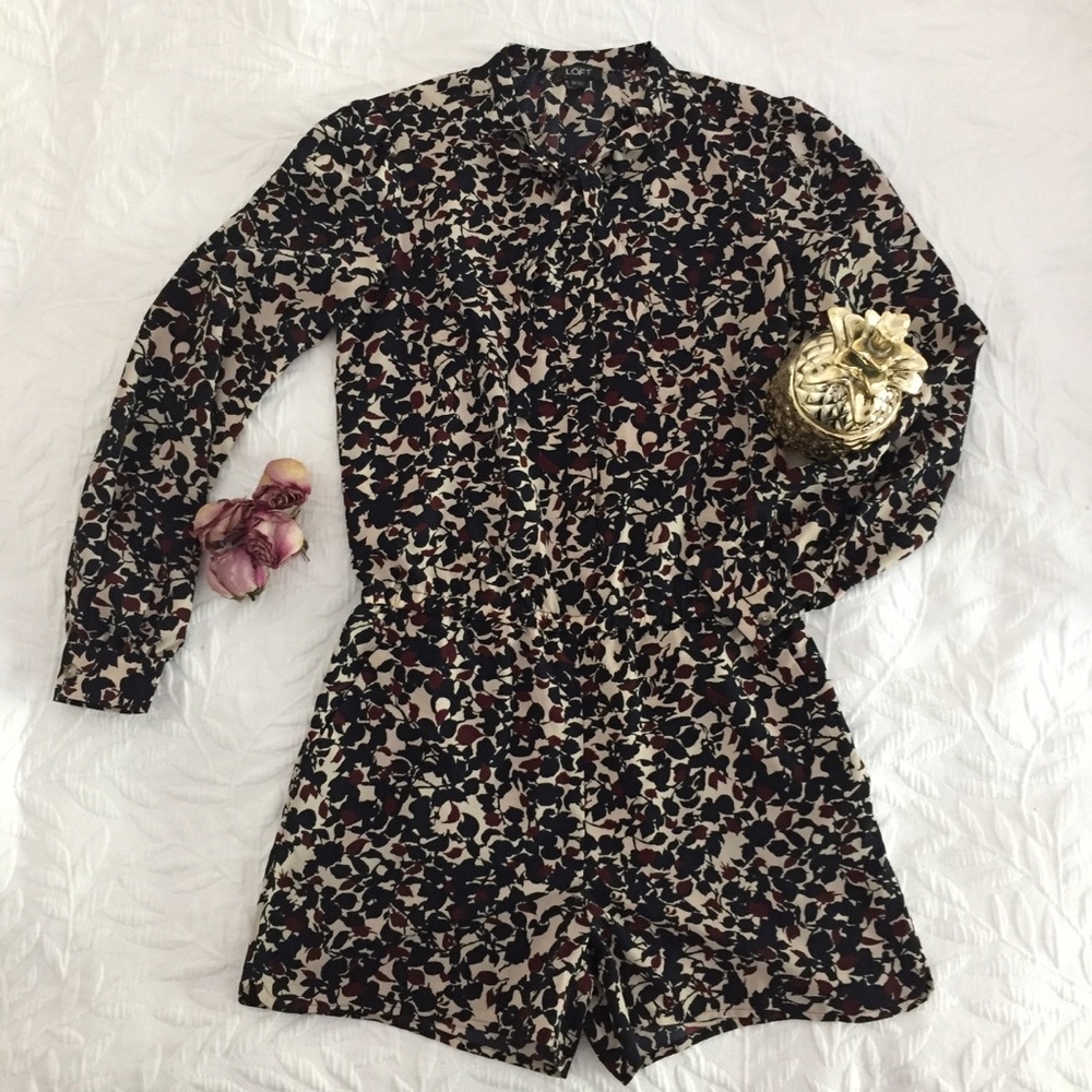 LOFT Wine and Navy Patterned Romper